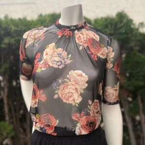 Gap Sheer Floral Mesh Top Ruffle Neck 1/2 Sleeve Romantic Goth Black Burgundy S